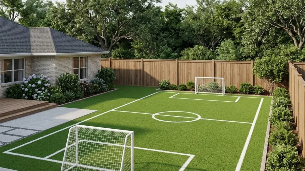 Illustrative backyard soccer field with short artificial turf, small goals, and a privacy fence