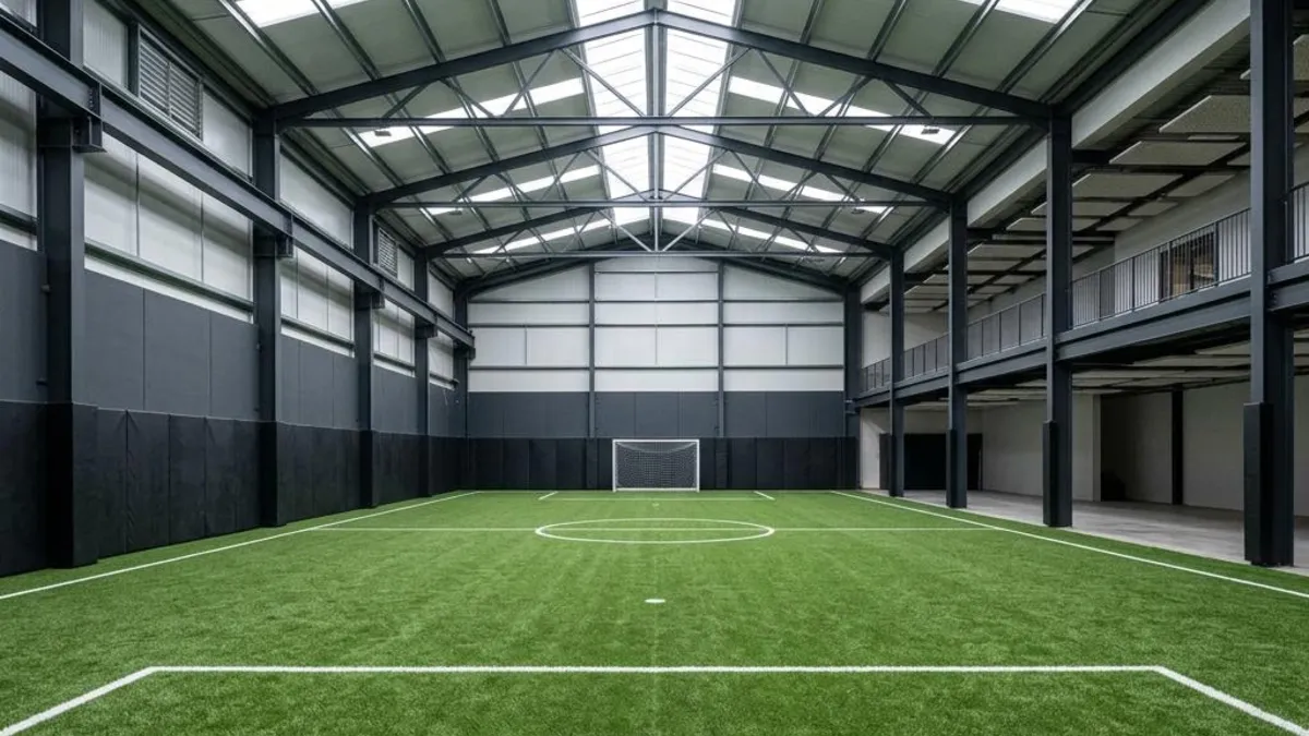 Illustrative indoor soccer training field in a warehouse-style sports hall