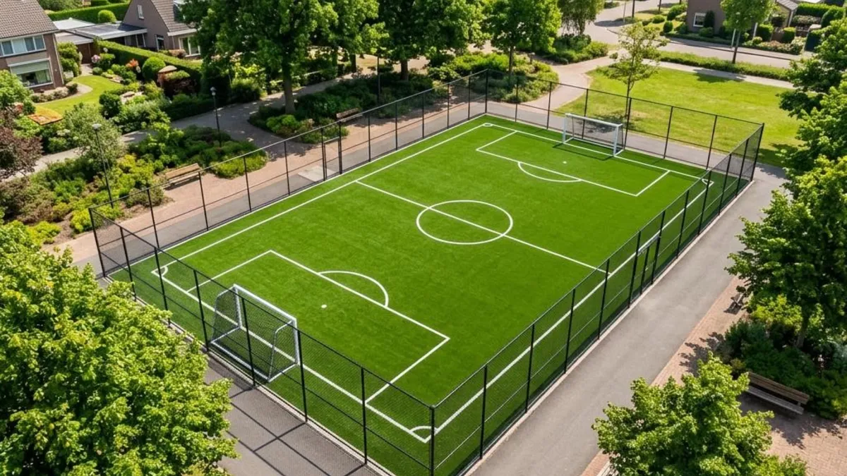 Illustrative compact mini soccer pitch with field markings and small goals