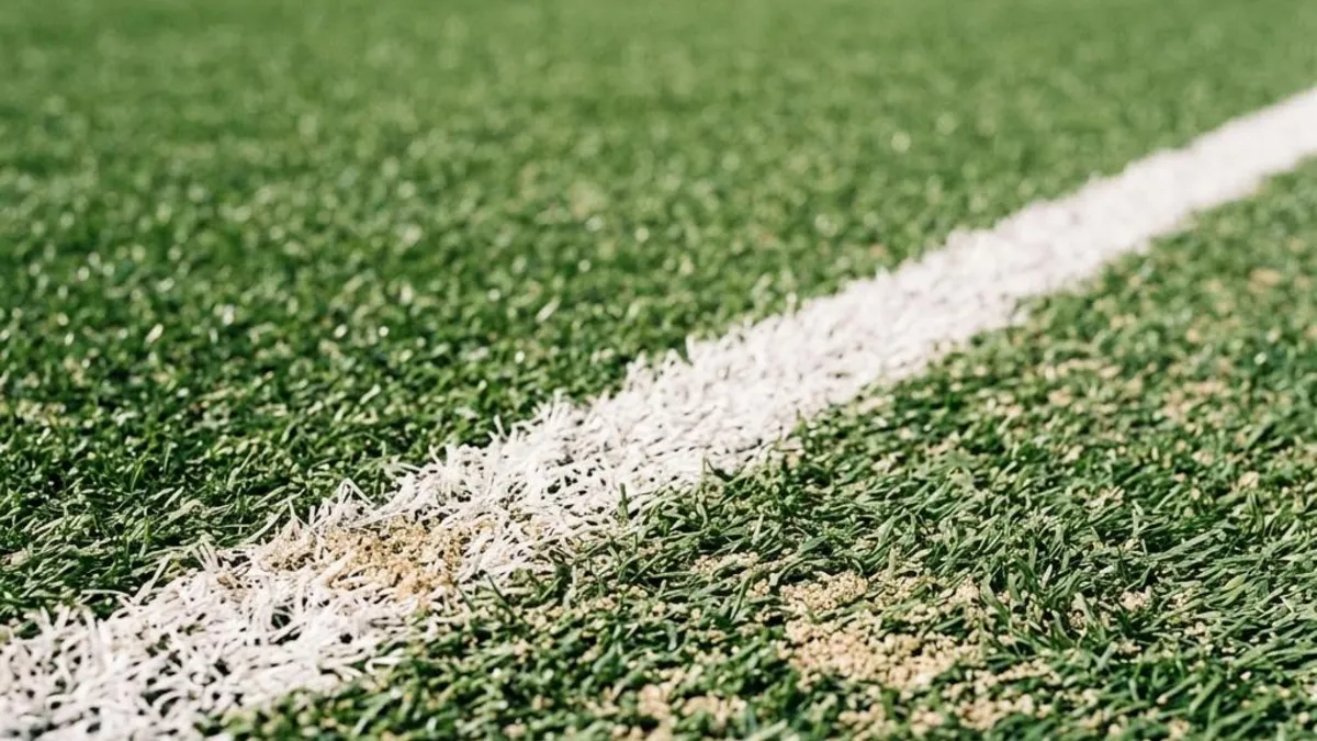 Illustrative close-up of short soccer turf and a white field line