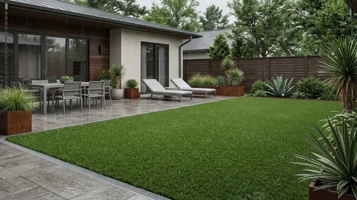 Concept illustration of an artificial-turf yard after rain with a drainage channel along the patio