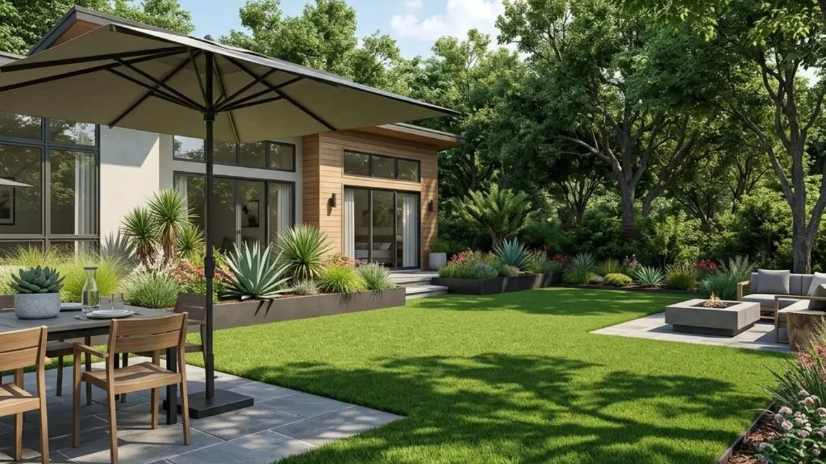 Concept illustration of a sunny artificial lawn with an umbrella and shade trees