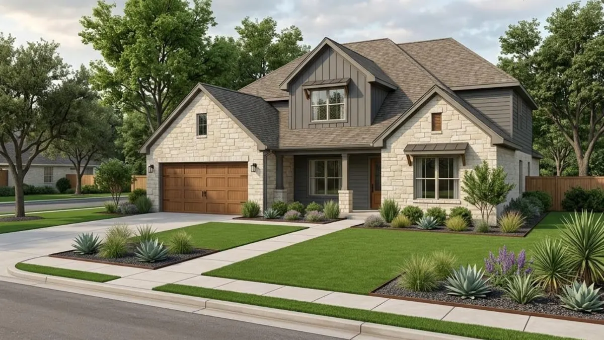Concept illustration of a tidy Texas neighborhood house with an artificial-turf front lawn