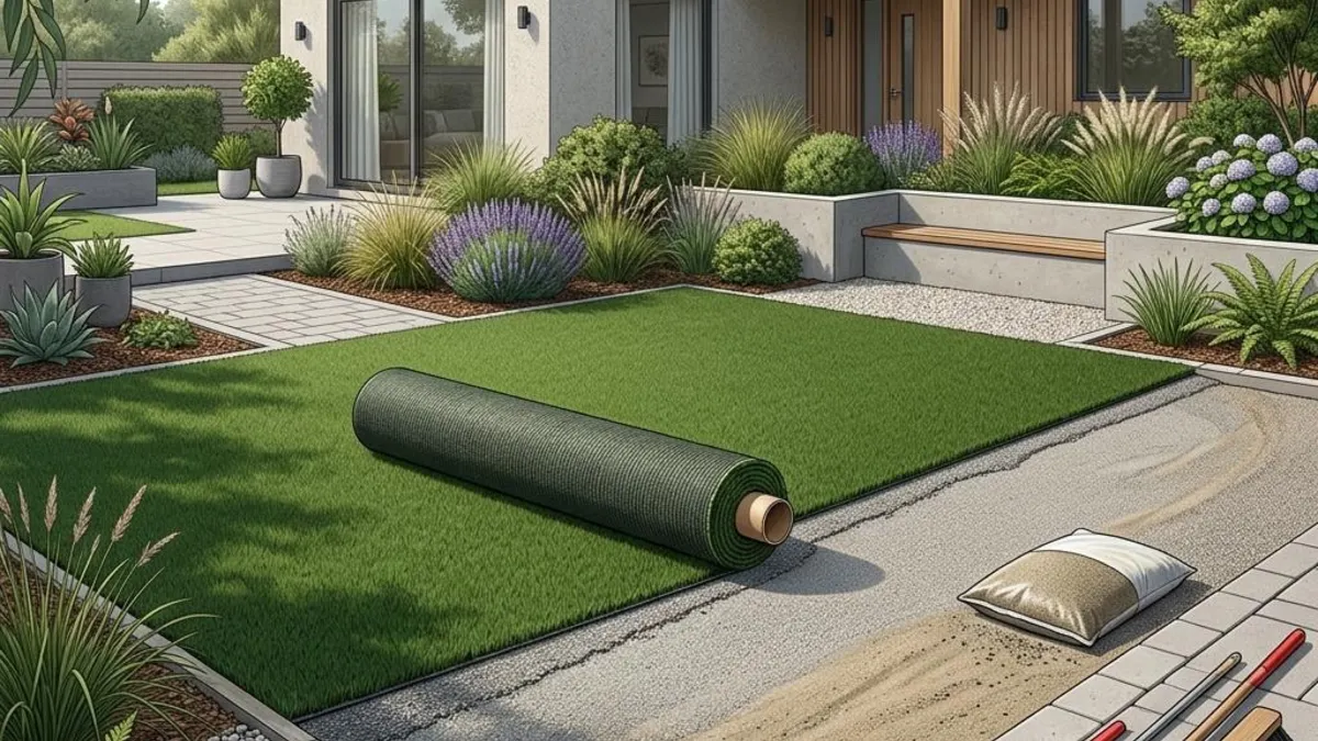 Concept illustration of a turf roll over a compacted base during a backyard installation