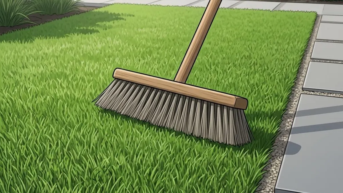 Concept illustration of a stiff-bristle brush resting on artificial turf for routine care