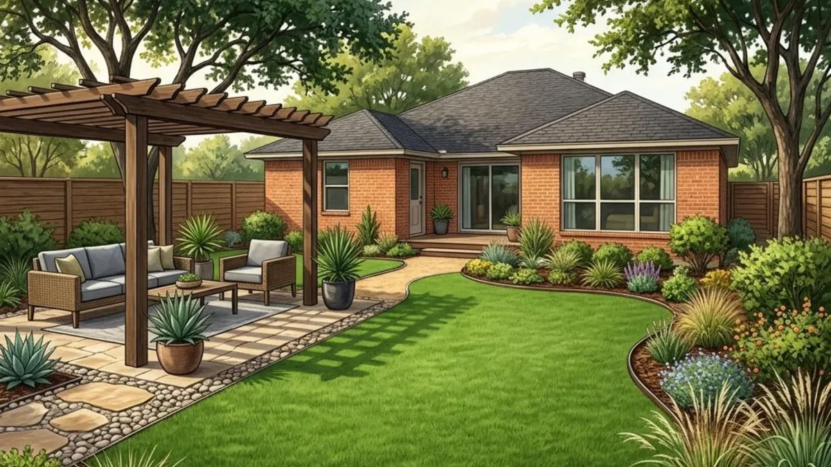 Concept illustration of an artificial-turf backyard beside a brick house and shaded patio