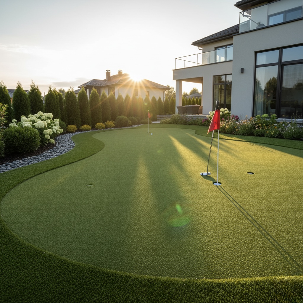 Sunlit backyard putting green beside a modern home