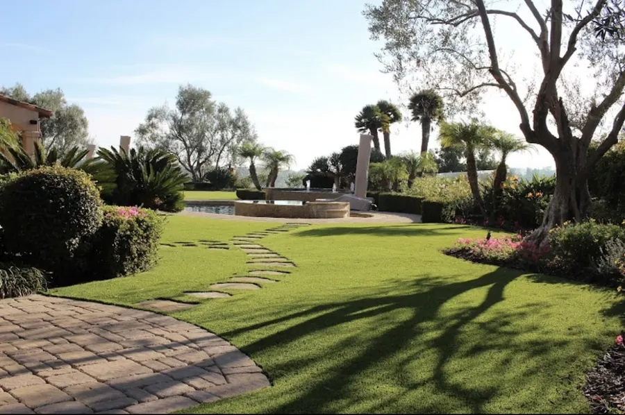 Turf under broad trees with curved paths and garden beds