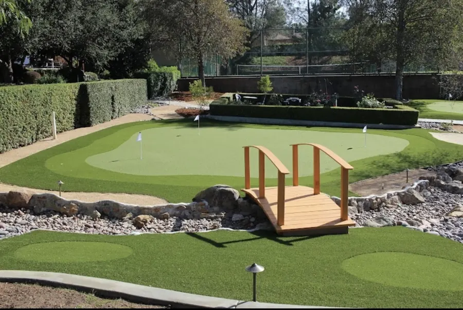 Small putting green with a flag and curved edge beside a lawn