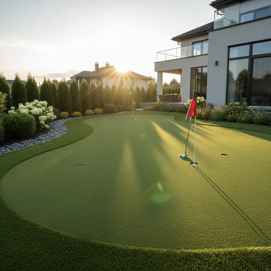 Putting green and lawn alongside a home in afternoon light