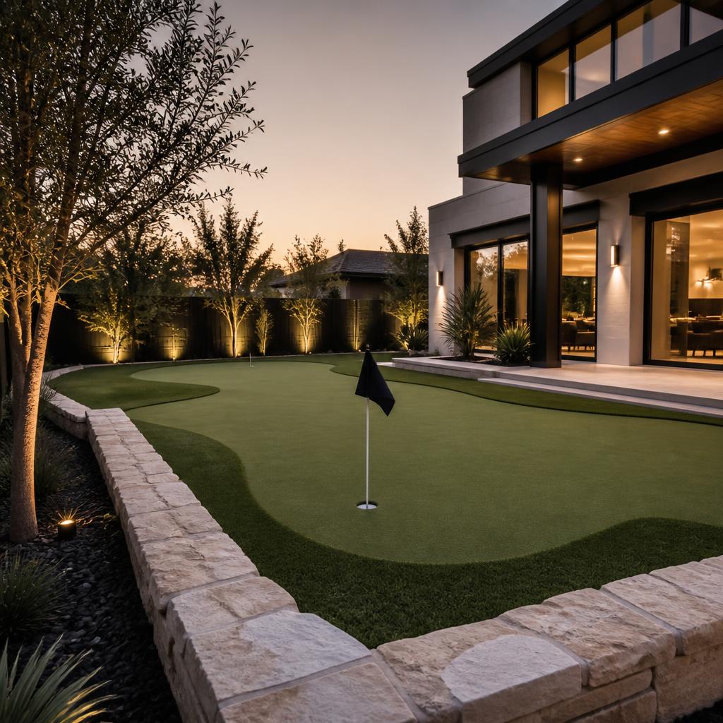 Backyard artificial turf putting green beside a modern home