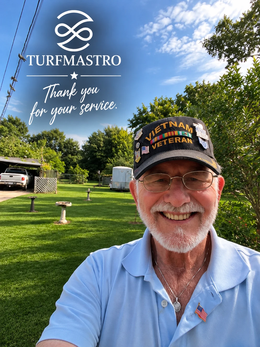 Vietnam veteran smiling outdoors with a TurfMastro thank-you message