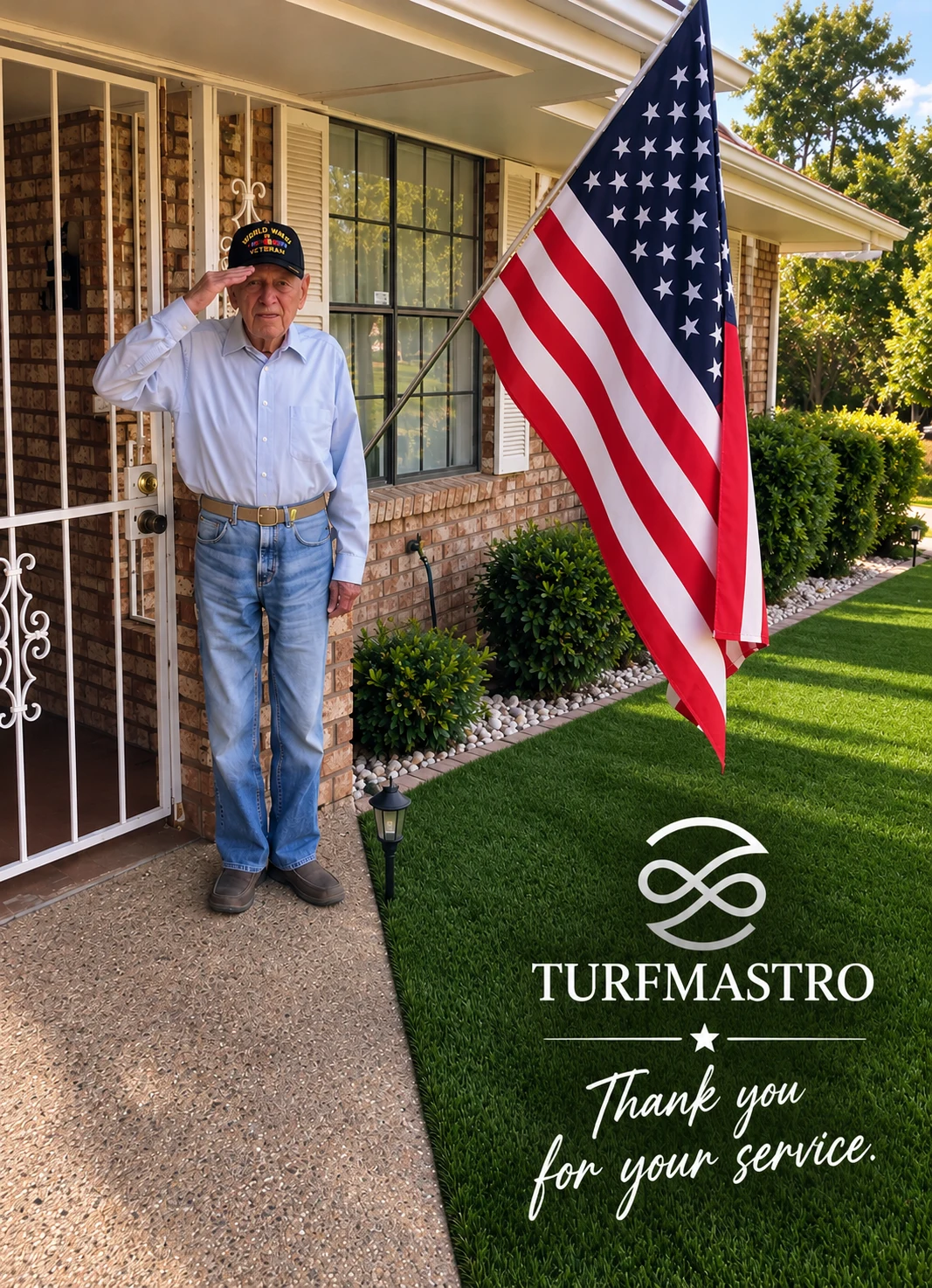 World War II veteran saluting beside an American flag with a TurfMastro thank-you message