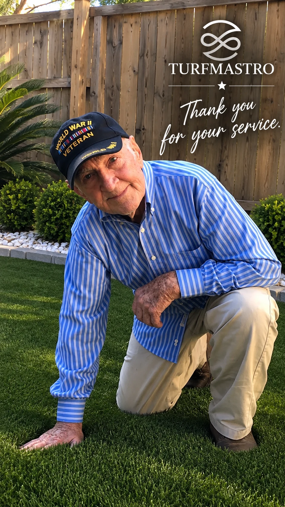 World War II veteran kneeling on a lawn with a TurfMastro thank-you message